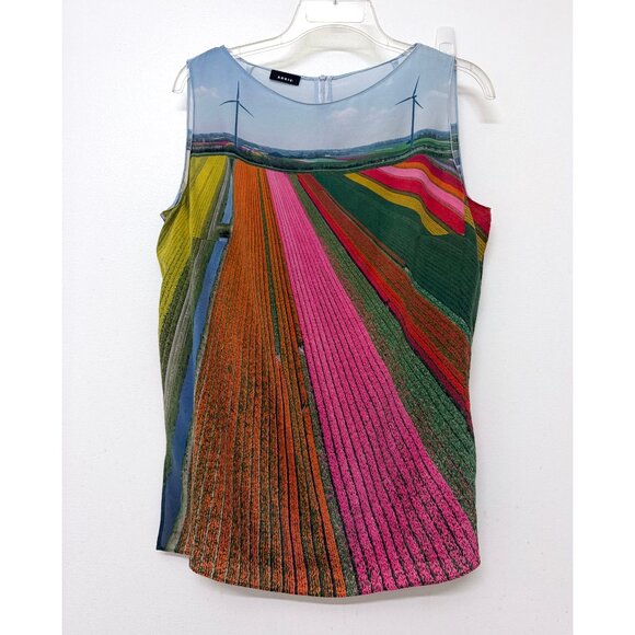 Akris Tulip Farm Flower Field Tank Top Silk Stripe Rainbow Floral Blouse 12 - Picture 2 of 13